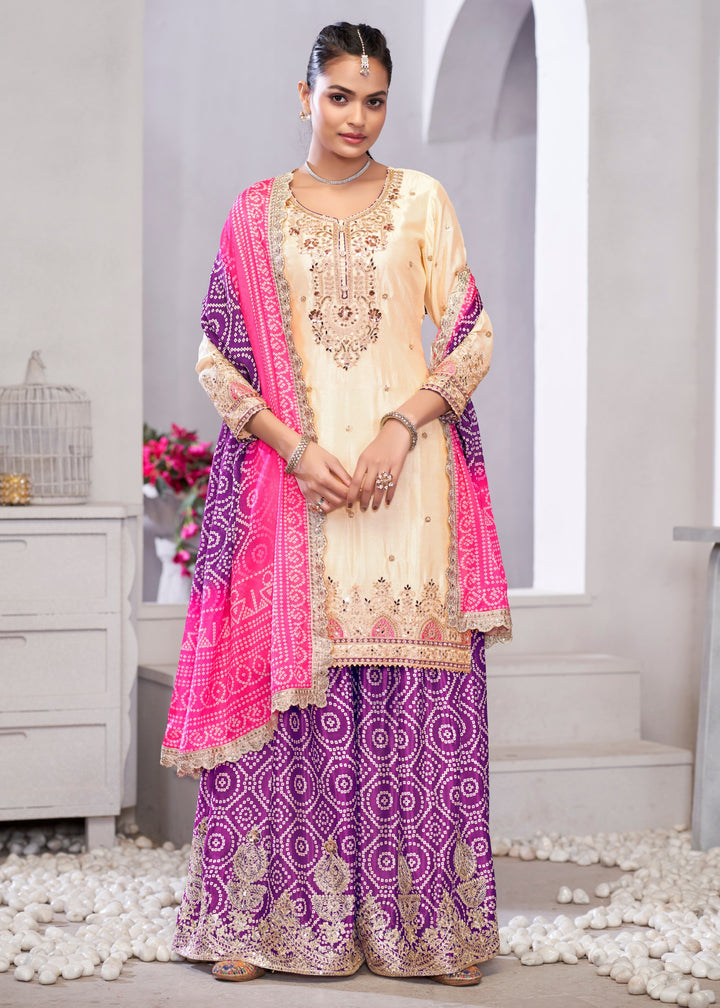 Purple And Pink Chinon SIlk Plazo Suit With Embroidered Work