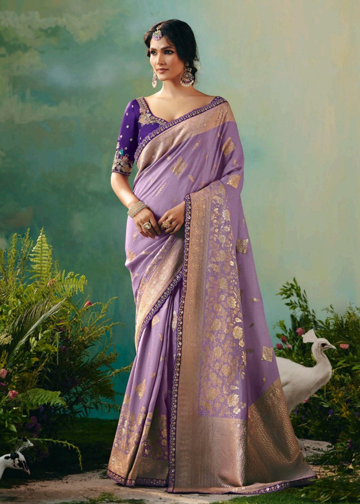 Lavender Pure Viscose Dola Silk Saree with Zari Weaving & Embroidered Blouse : Top Pick