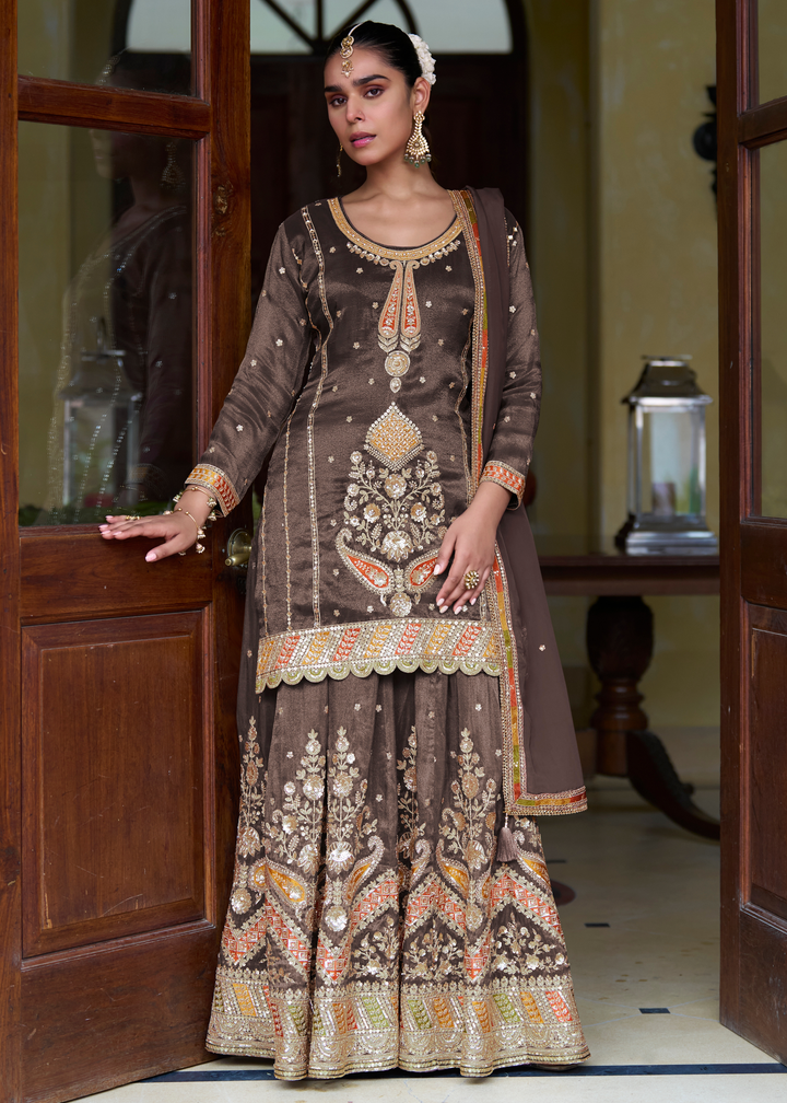 Cedar Brown Simmer Silk Palazzo Suit With Embroidered Work