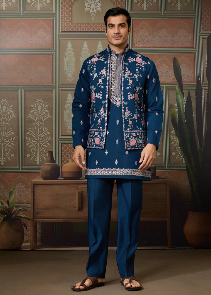 Teal Blue Mens Wear Koti Style with Silk Kurta and Pajama