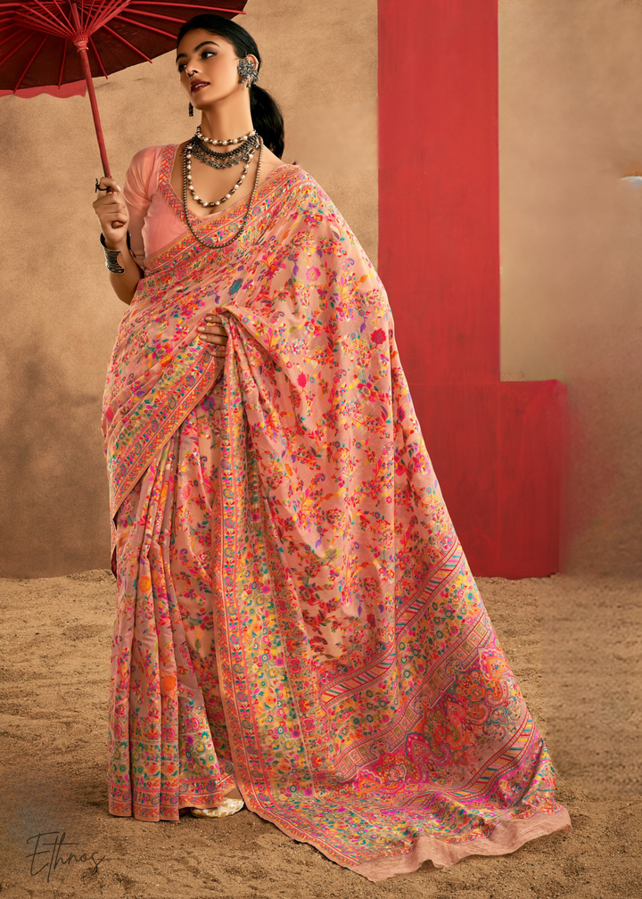 Blush Peach with Multicolour Kashmiri Floral Weave Saree