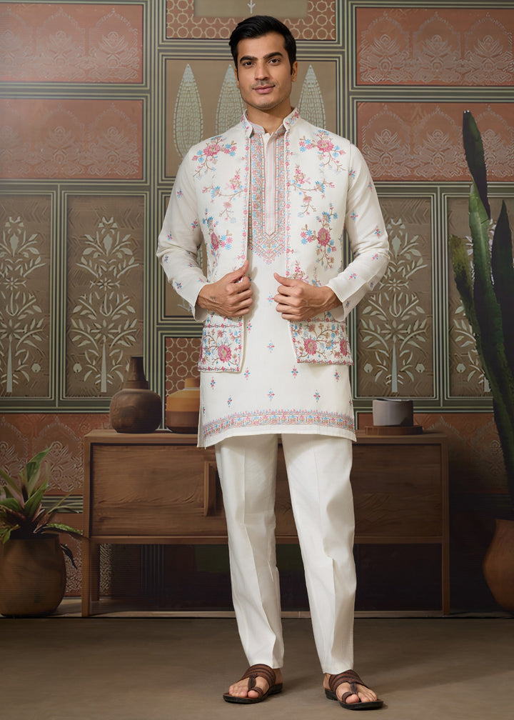 Pure White Mens Wear Koti Style with Silk Kurta and Pajama