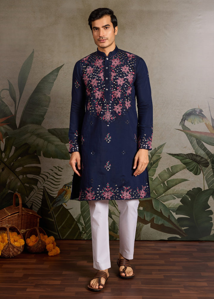 Navy Blue Mens Wear Silk Kurta with Pant