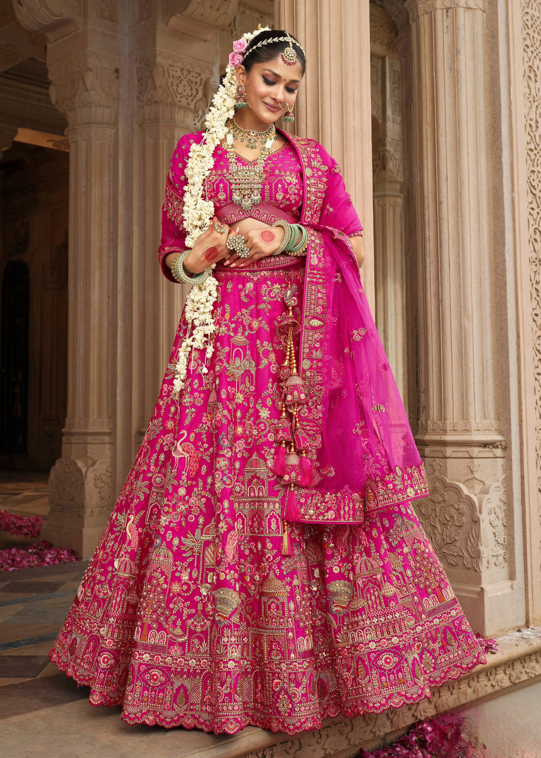 Magenta Pink Heavy Bridal Silk Lehenga With Khatli And Embroidery Work