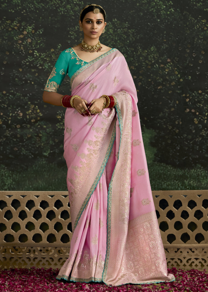 Soft Pink and Green Saree with Viscose Silk and Zari Work