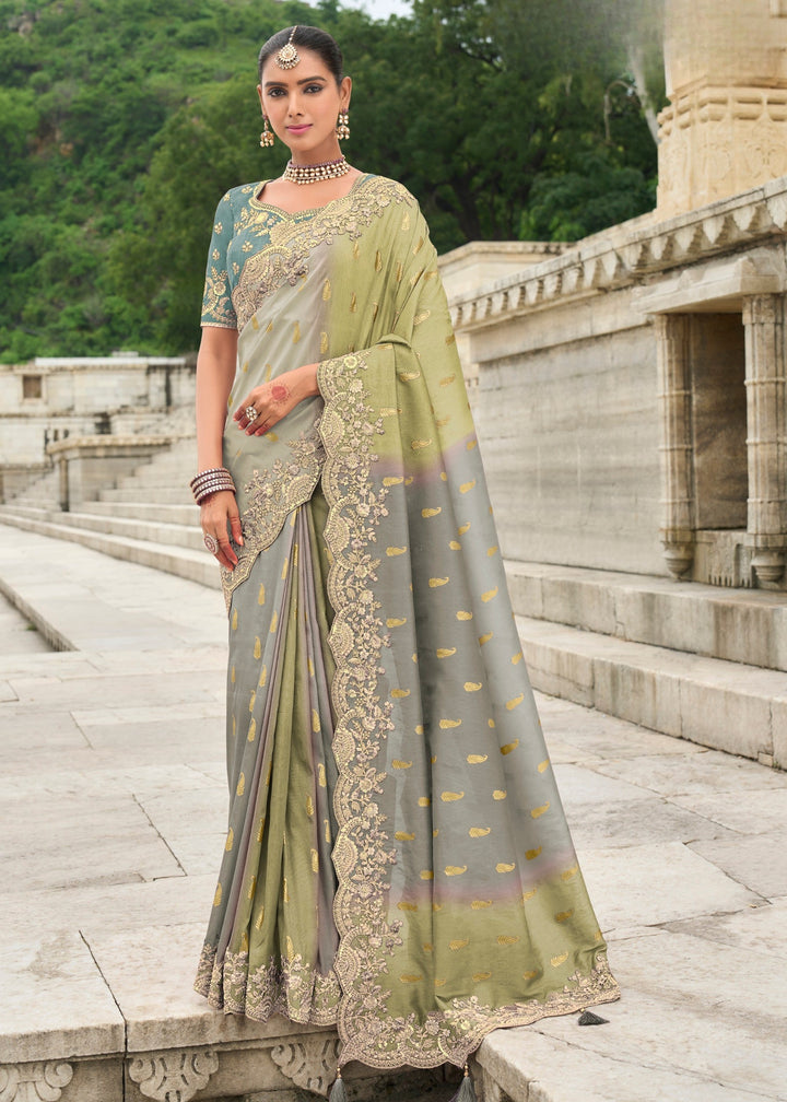 Soft Grey Silk Saree With Embroidery Cut and Butti Work