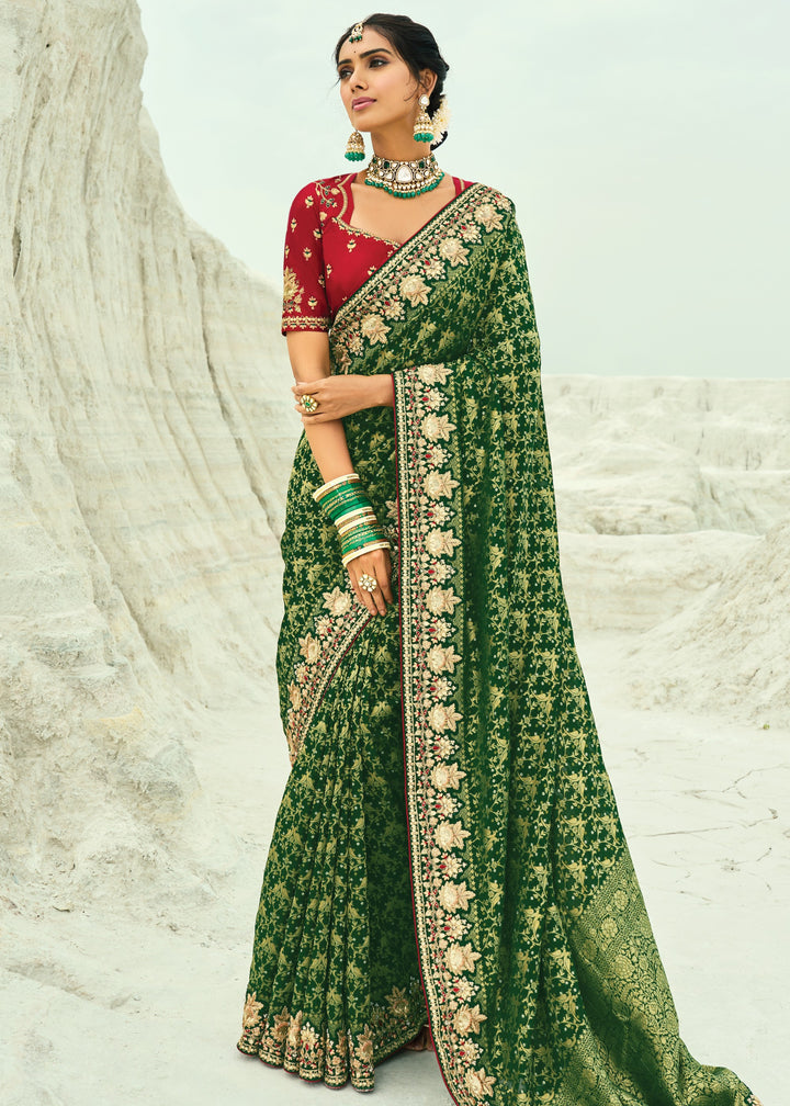 Forest Green Georgette Bandhej Saree With Moti & Cut-Dana Handwork Border