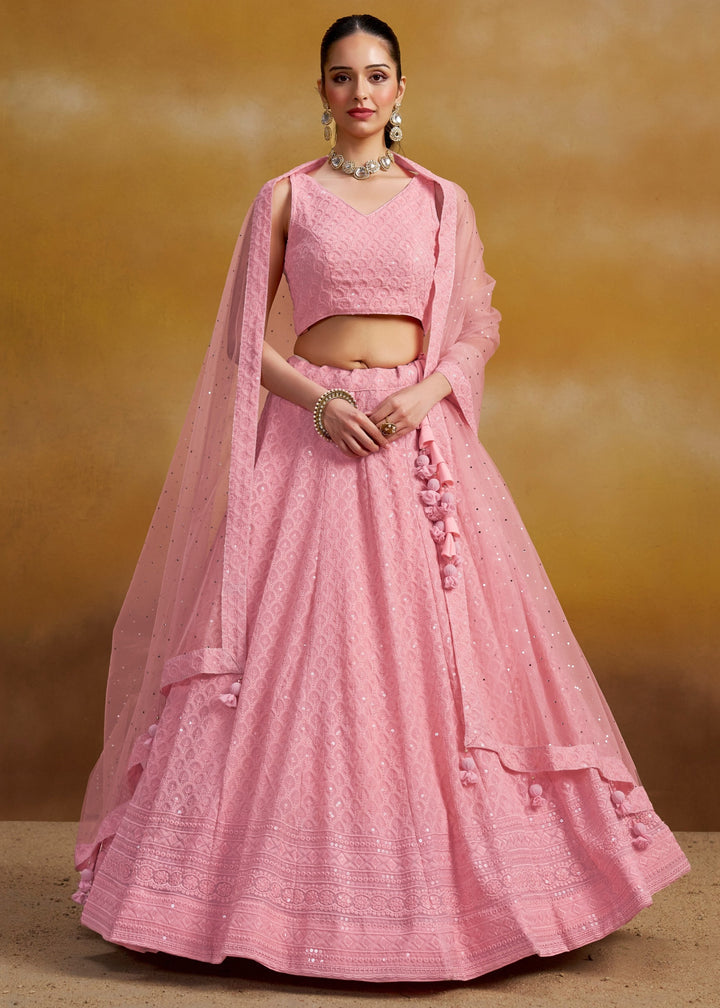 Light Pink Georgette Lehenga With Sequins and Thread Embroidered Work