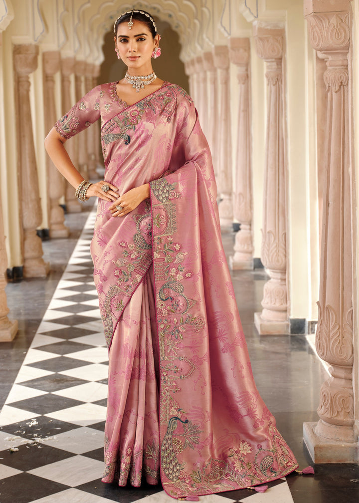 Mauve Pink with Floral detailing Silk Saree