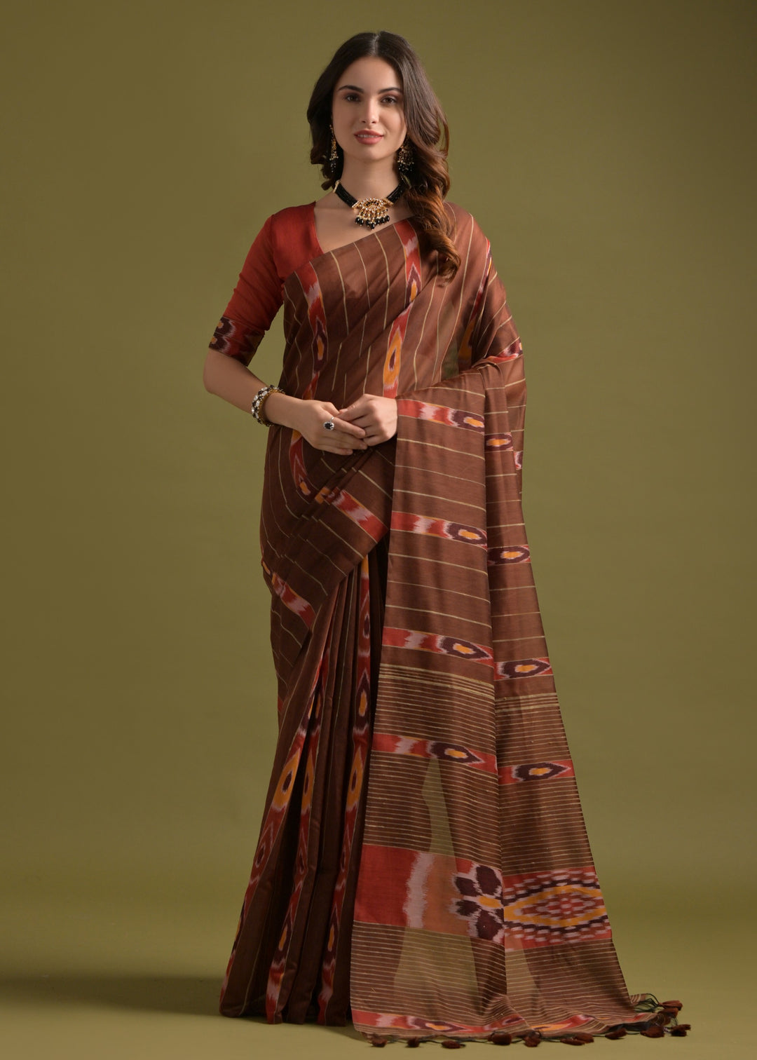 Coffee Brown Soft Ikkat Cotton Saree