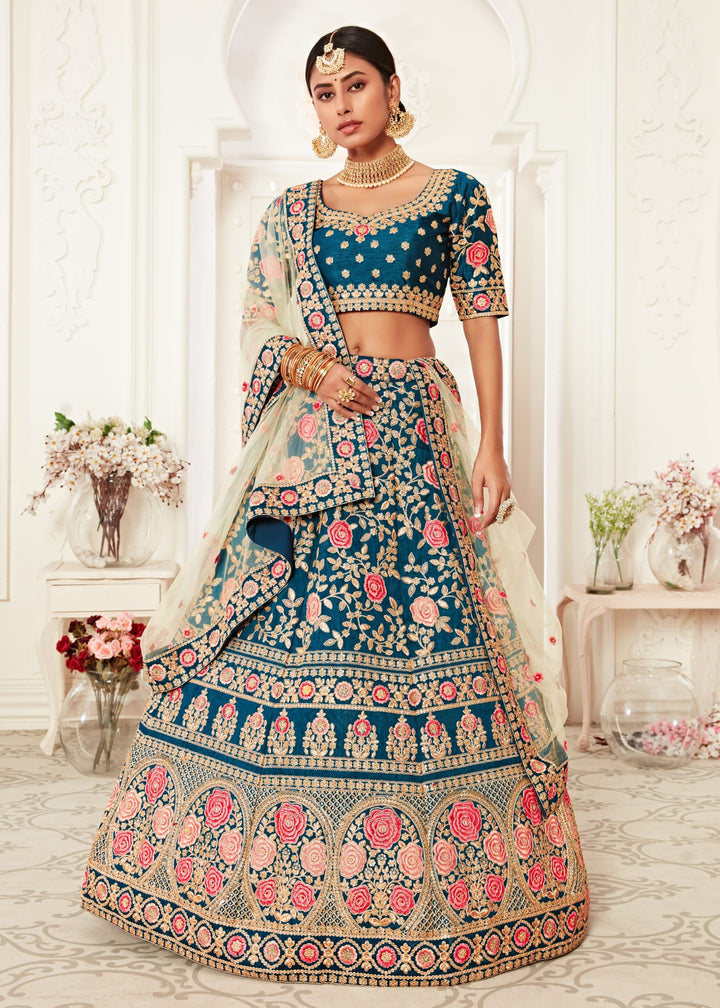 Navy Blue Slub Silk With Zari, Dori, Thread And Sequins Floral Embroidery Bridal Lehenga