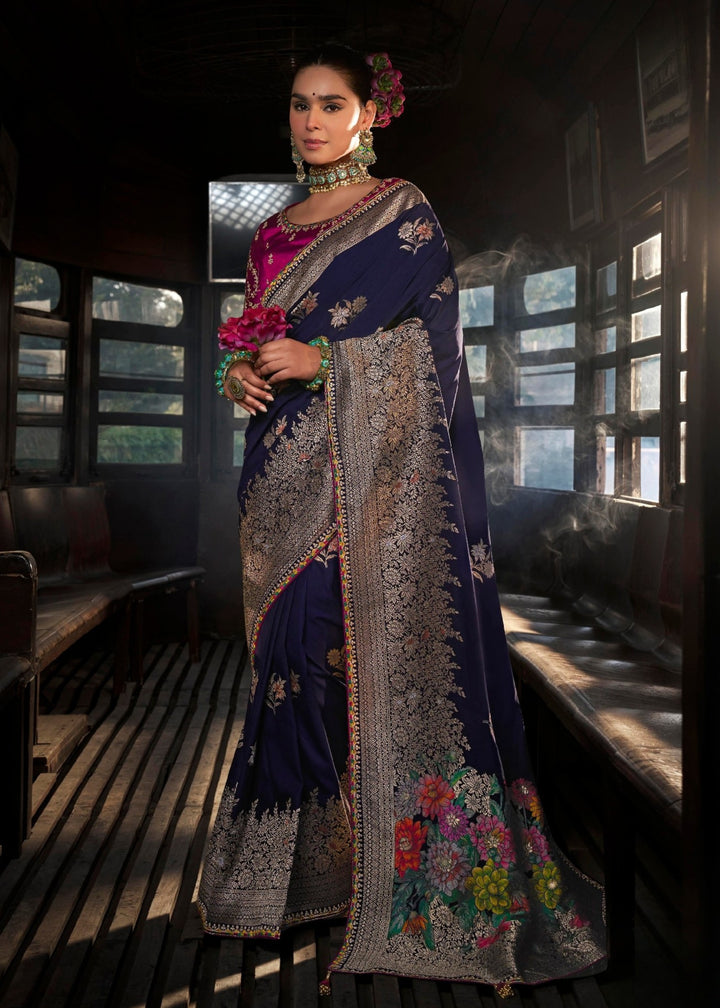 Navy Blue Soft Dola Viscous Silk with 3d Weaved Pallu and contrast blouse Saree