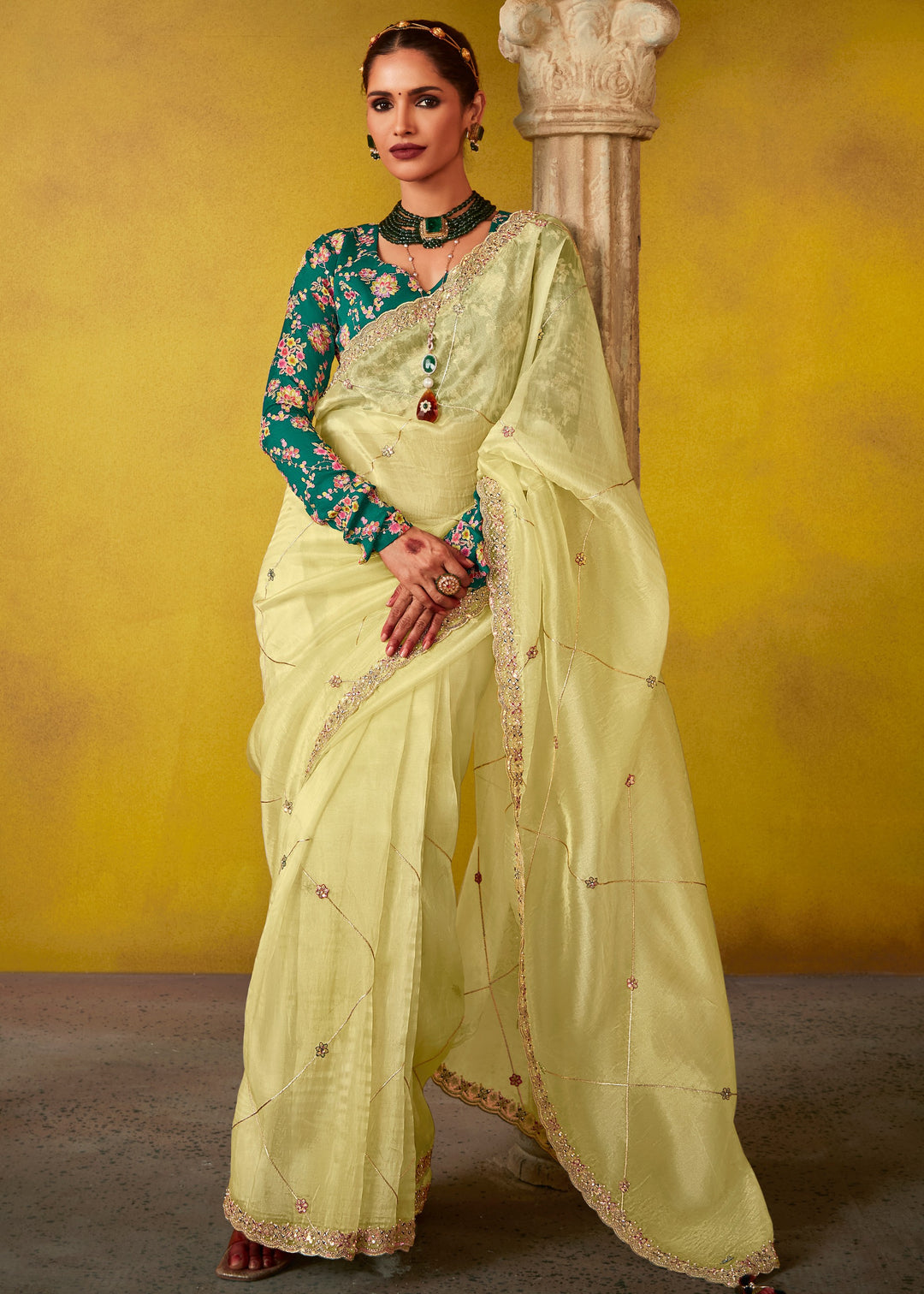 Lemon Yellow Glass Tissue Silk Saree