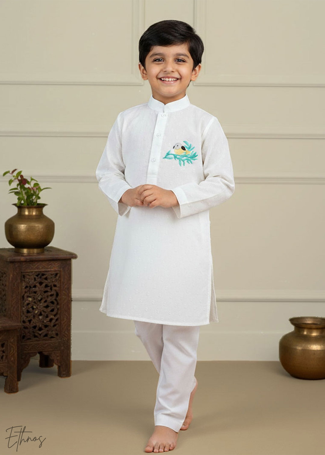 Organic Cotton Textured White Kurta with Pant - Birdsong