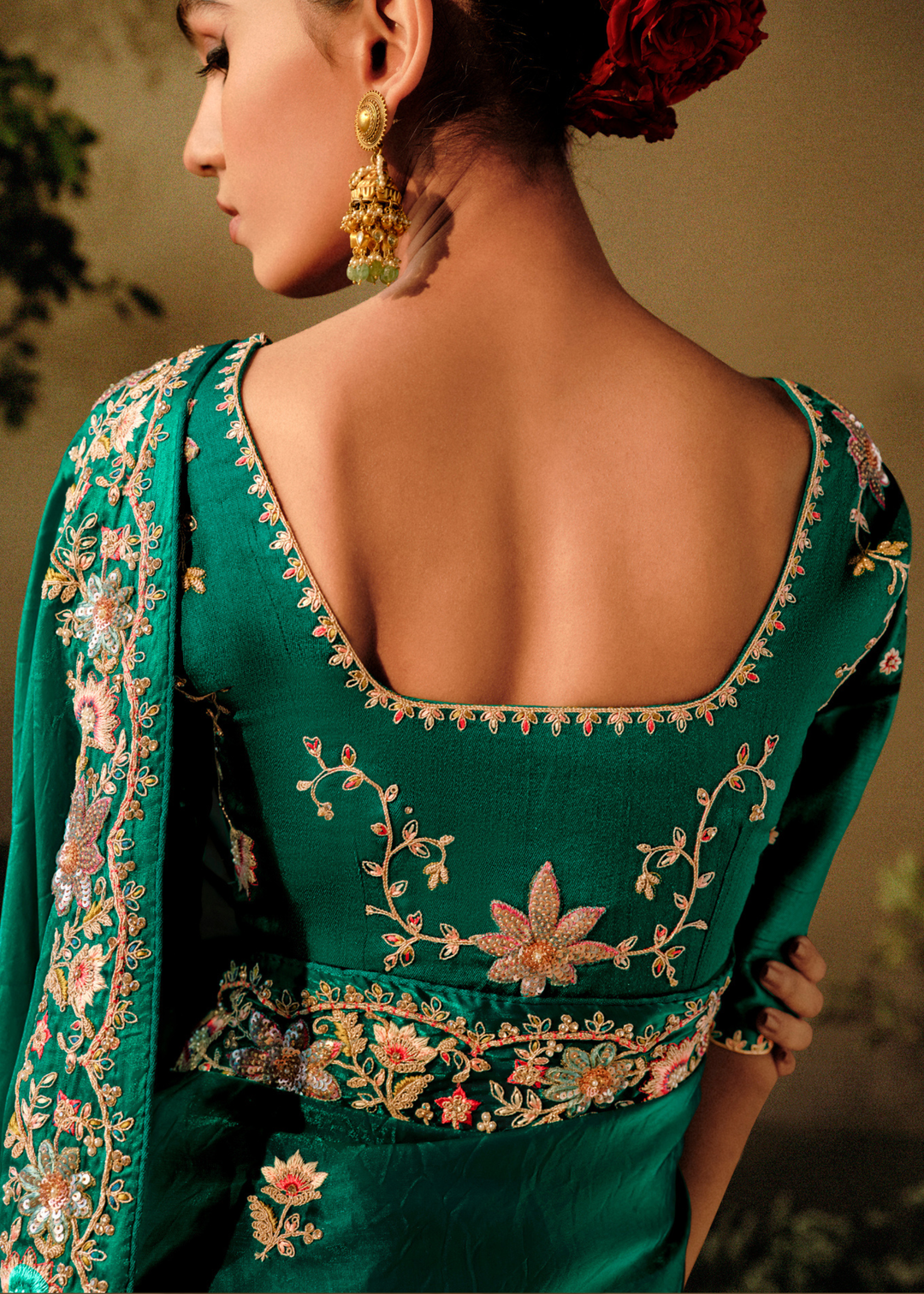 Dark Greasy Green Dola Silk Saree with Hand Embroidery work