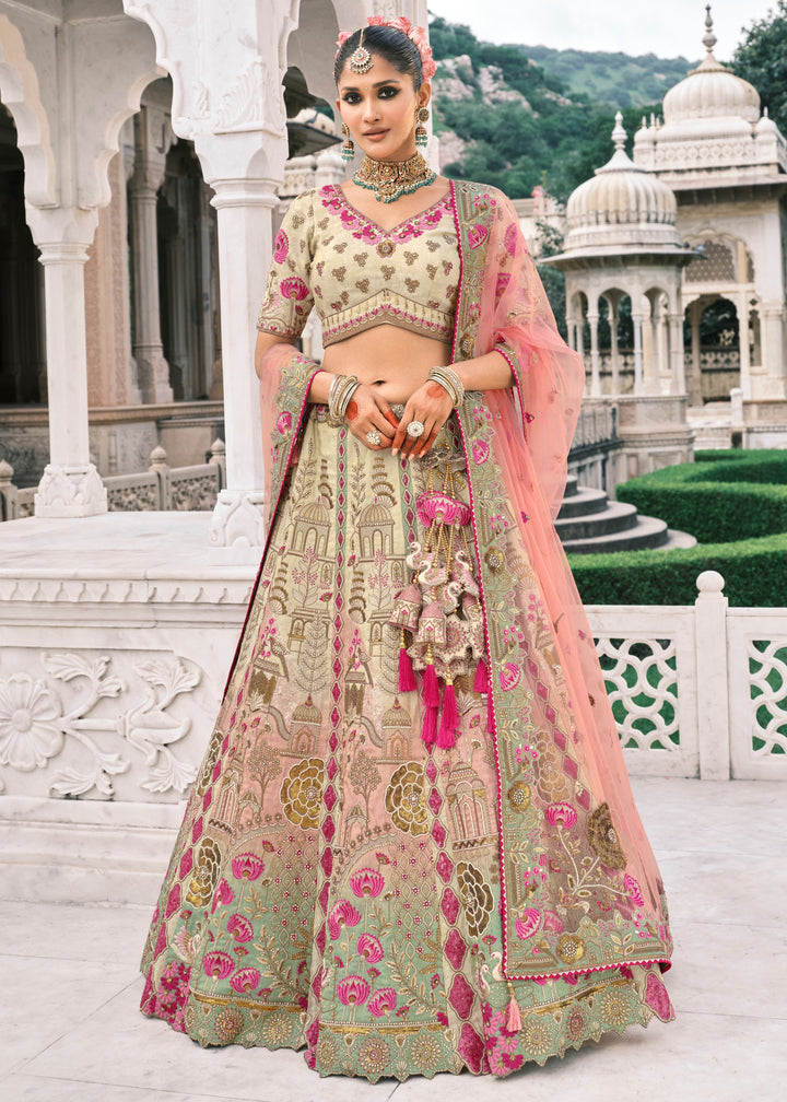 Peach & Off-White Fancy Silk Lehenga Choli With Cut Work Embroidery Border & Stone Work