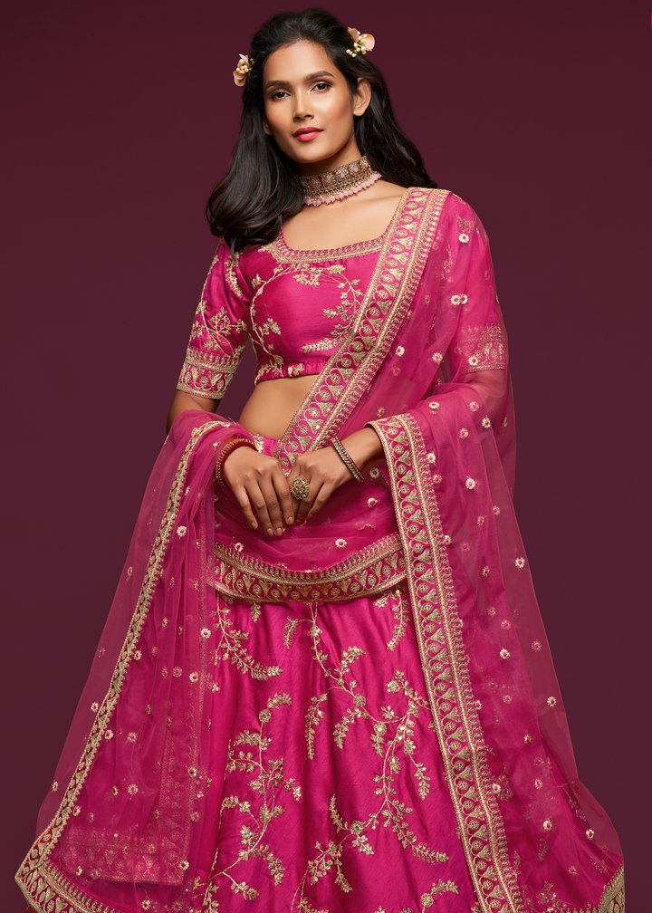 Cerise Pink Silk Lehenga Choli with Thread,Zari,Dori & Sequins work