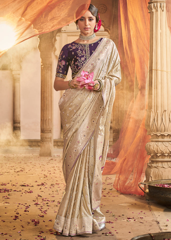 Warm White Satin Silk Saree With Beautiful Lace Border And Heavy Designer Embroidered Blouse : Top Pick