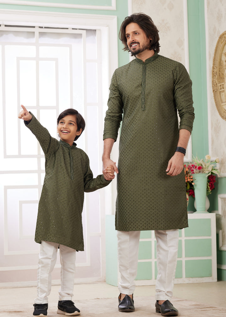 Mehendi Green Silk Mens Kurta Set With Thread Embroidery Work