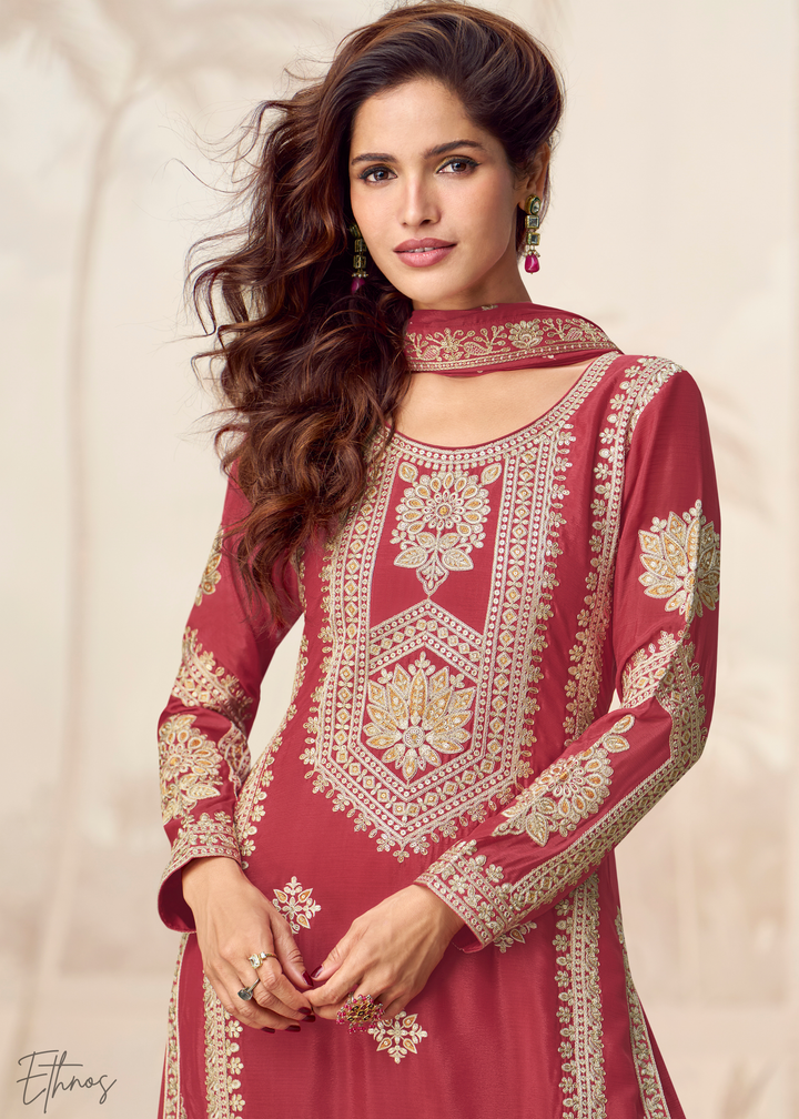 Poppy Red Chinon Silk Palazzo Suit