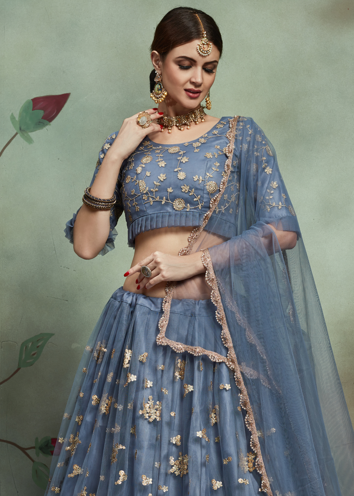 Pewter Grey Designer Soft Net Lehenga Choli with Sequins & Zari work