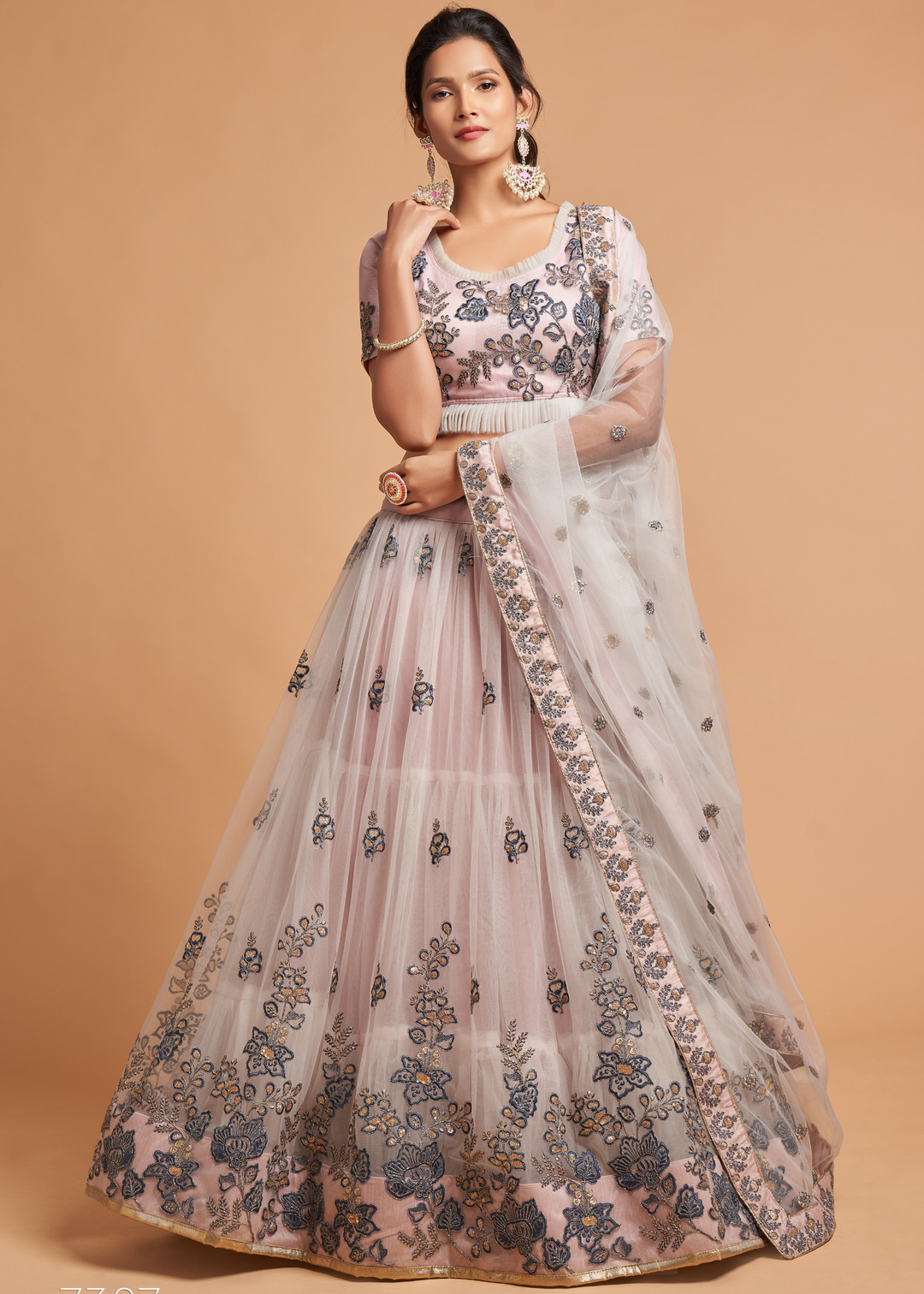 Pinkish Grey Designer Soft Net Lehenga Choli with Thread, Dori, Zari & Sequins work