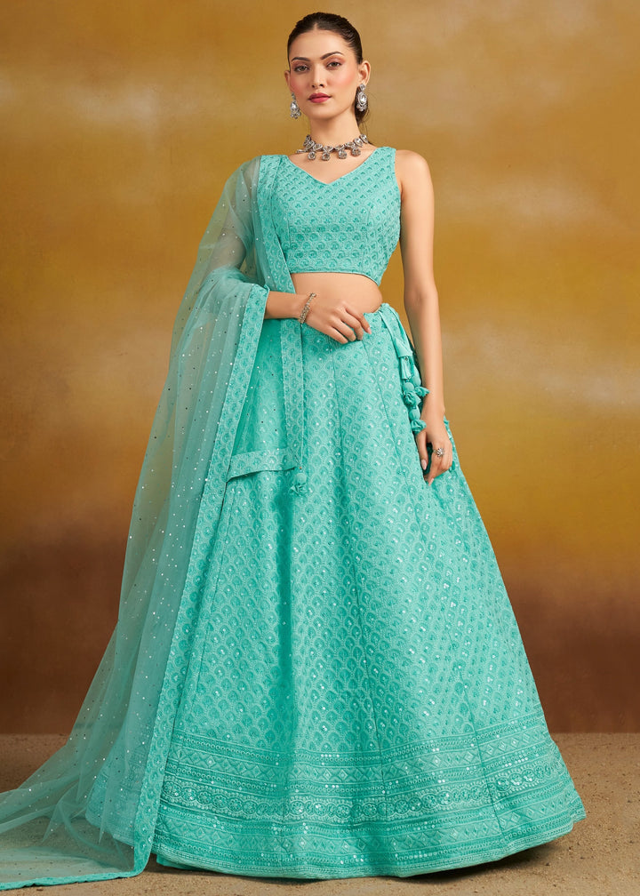 Sky Georgette Lehenga With Sequins and Thread Embroidered Work