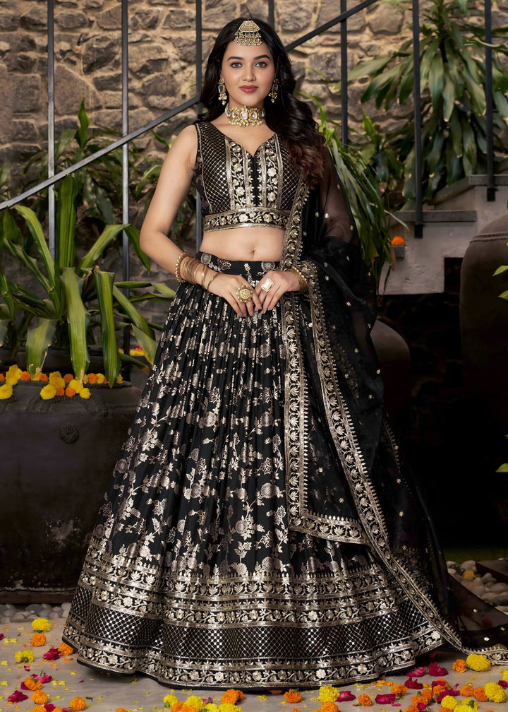 Black Sequins and Zari Embroidery Work Silk Lehenga