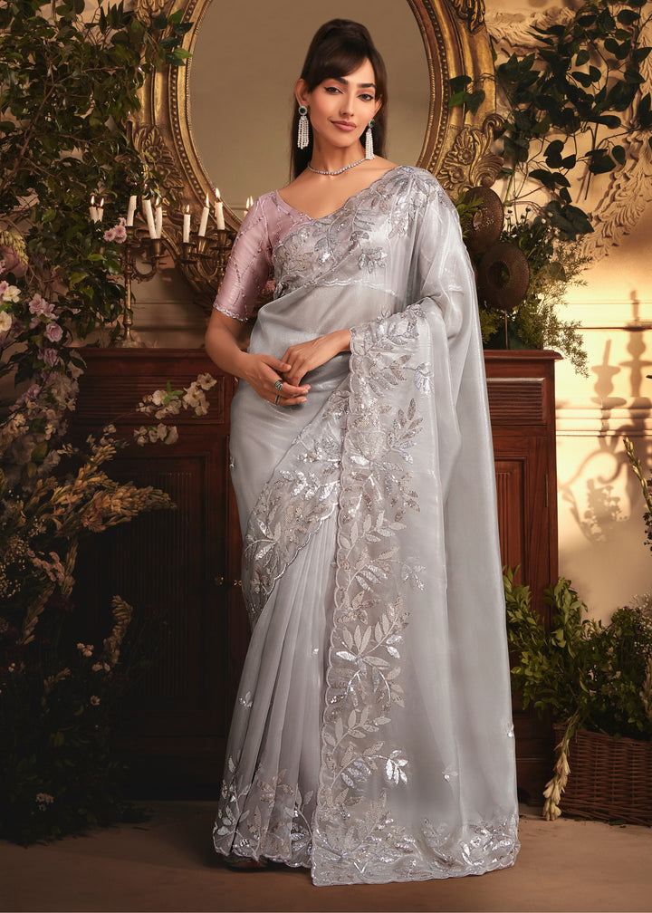 Soft Grey Tissue Organza Saree With Heavy Embroidery