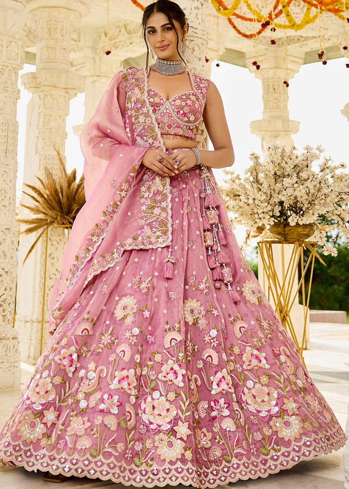Pink Organza Lehenga Choli with Beads & Sequince Embroidered