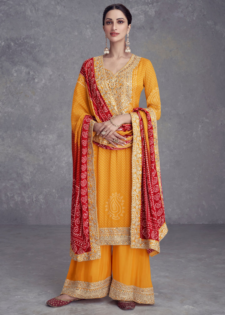Mustard Yellow Chinon Salwar Suit with Red Dupatta