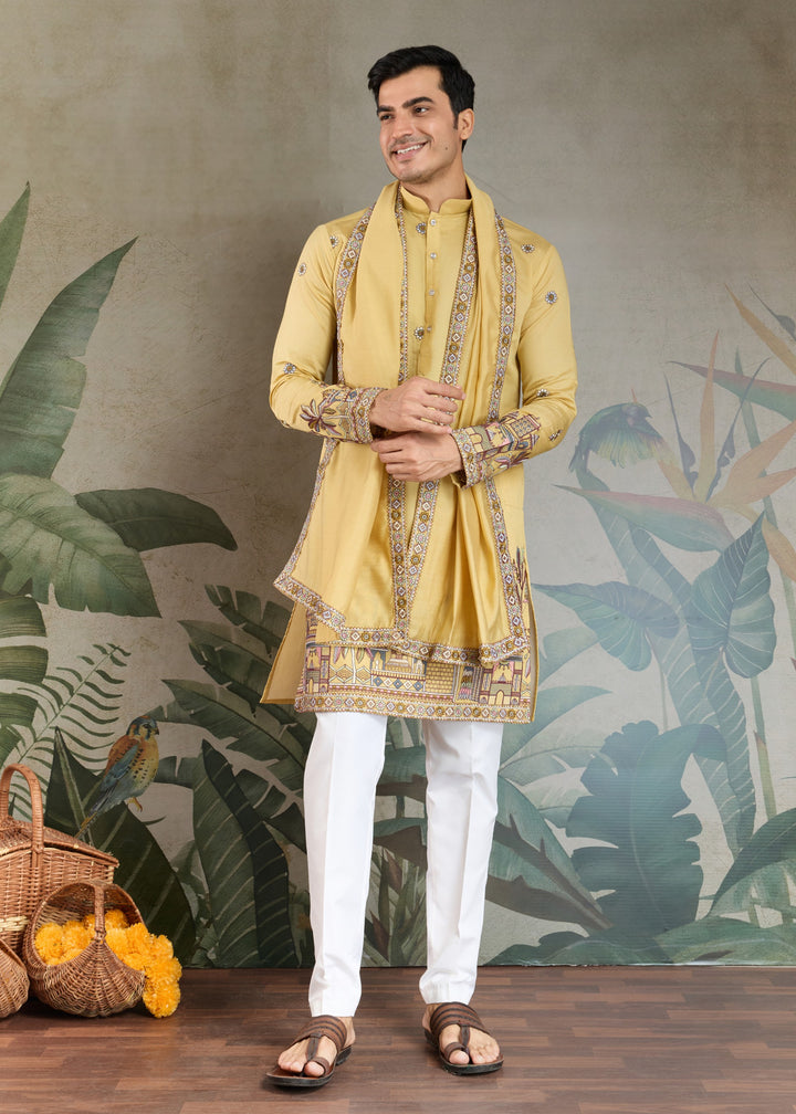Daffodil Yellow Viscose Silk Kurta Set With Thread & Sequins Embroidered Work