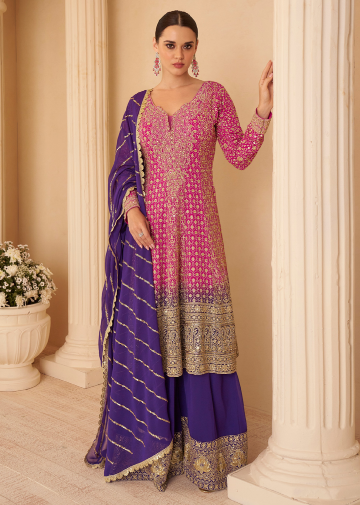 Hot Pink With Gold Embroidery Georgette Palazzo Suit