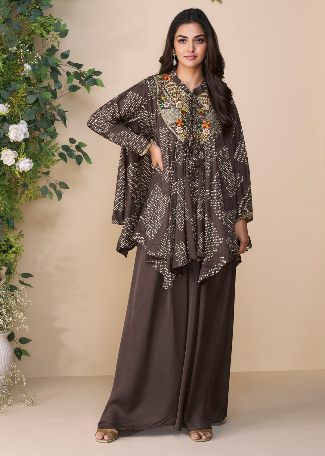 Dark Brown Premium Chinon Silk Kurta with Pant