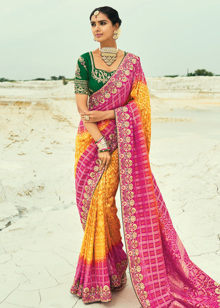 Yellow & Pink Georgette Bandhej Saree With Moti & Cut-Dana Handwork Border
