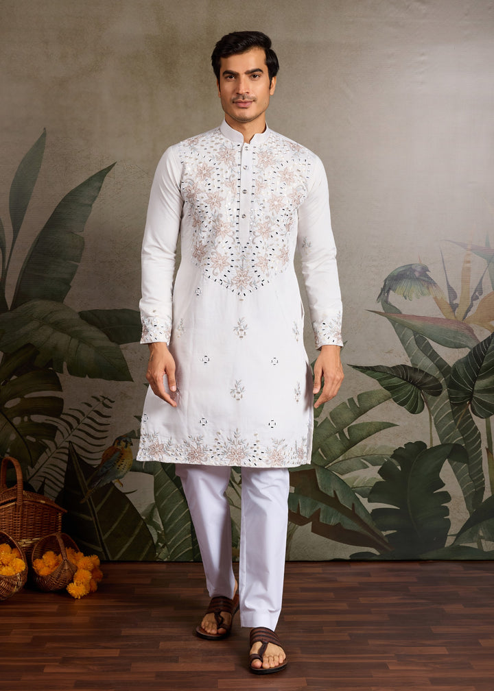 Creamy White Mens Wear Silk Kurta with Pant