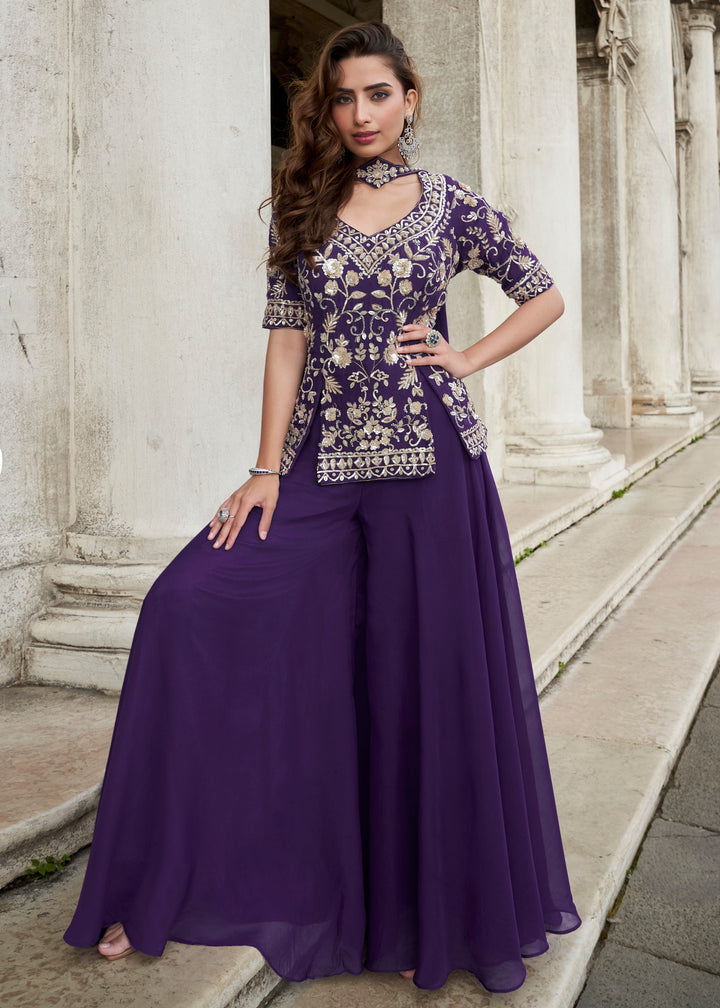 Eggplant Purple Organza Silk Palazzo Suit With Designer Dupatta