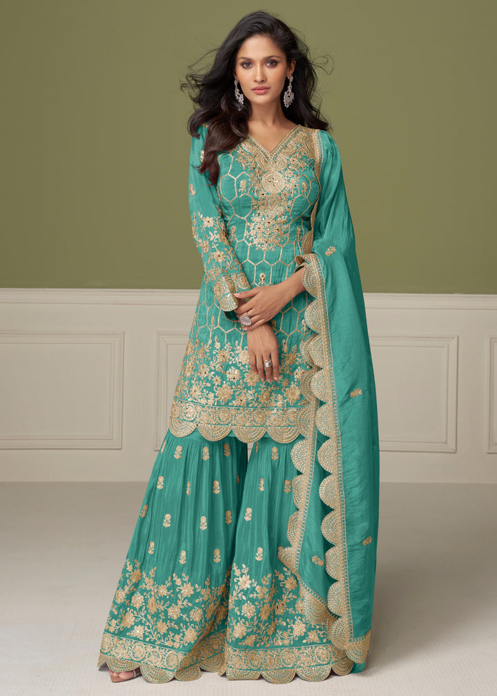 Bright Teal Green Silk Salwar Suit with golden embroidery