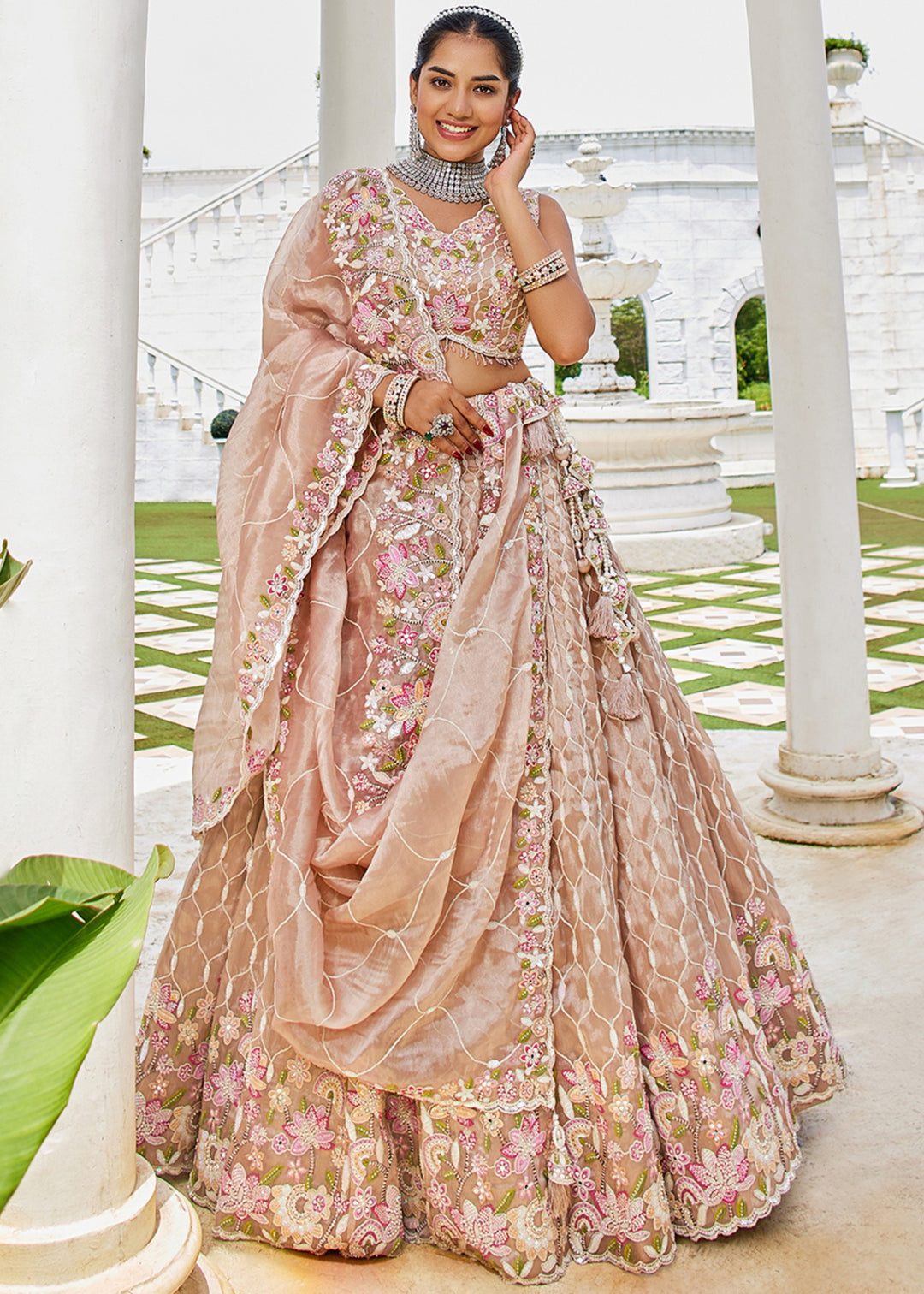 Nude Satin Silk Lehenga Choli with Sequinned Embroidered