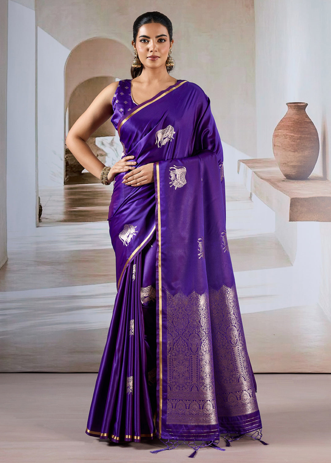 Purple Pure Satin Handloom Weaving Saree