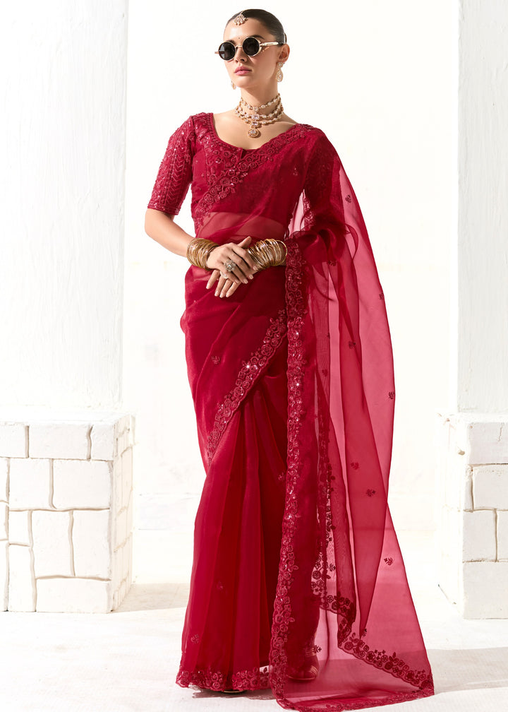 Raspberry Pink Organza Tissue Silk Saree With Heavy Work Border And Designer Blouse