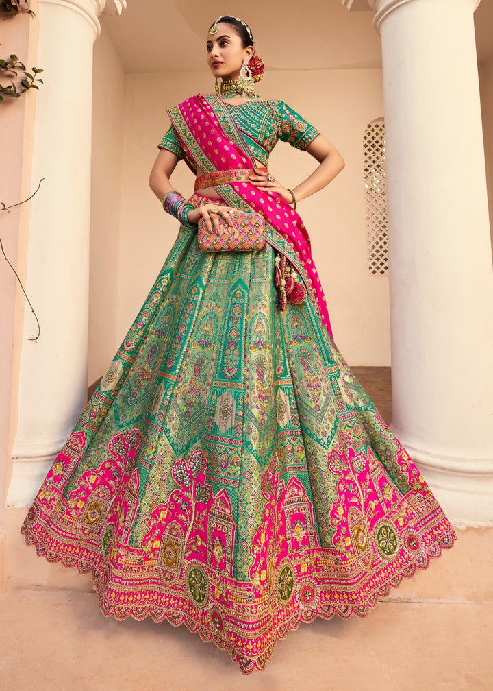 Sea Green Base Banarasi Silk Lehenga And Golden Zari Work