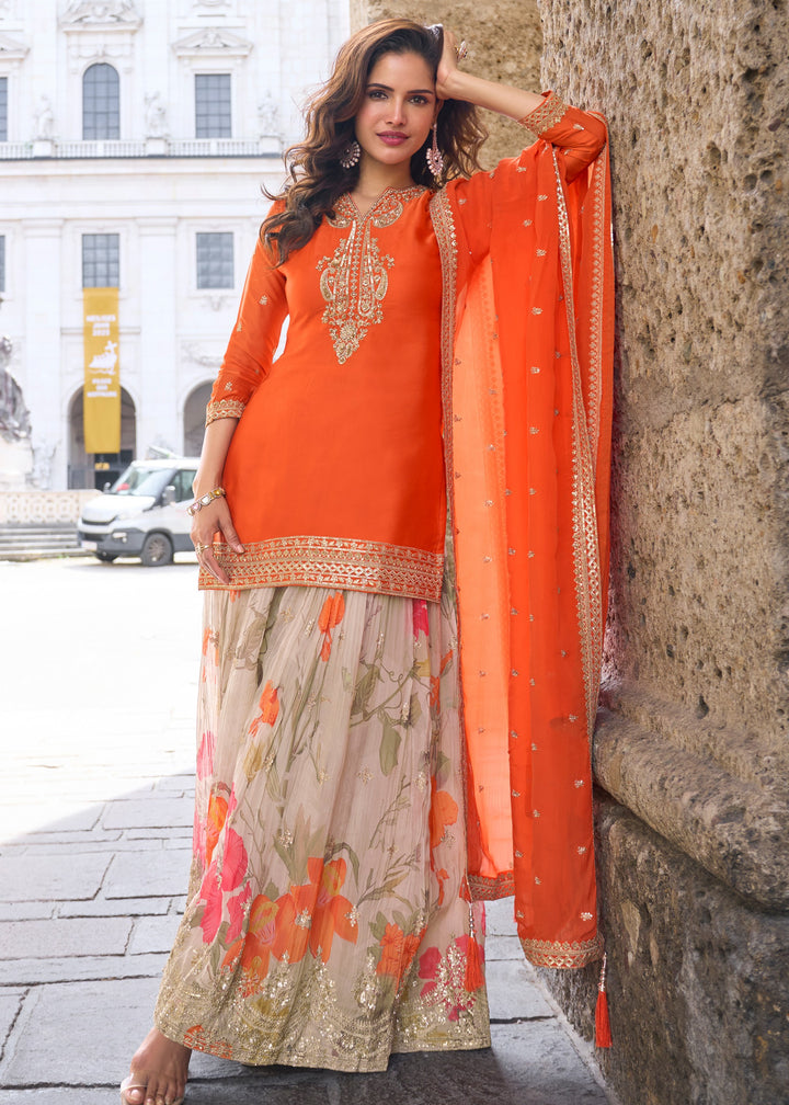 Hot Orange Chinon SIlk Palazzo Suit With Embroidered Work : Top Pick