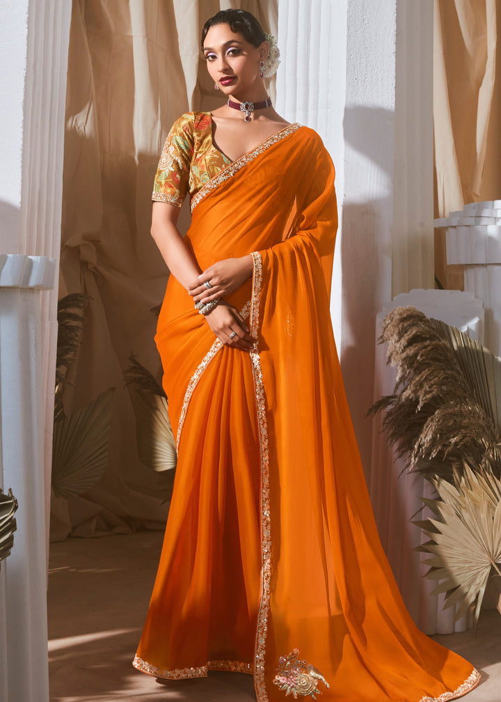 Bright Orange Fancy Silk Saree With Printed Blouse