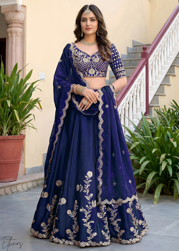 Deep Sapphire Floret Zari Rangoli Silk Lehenga