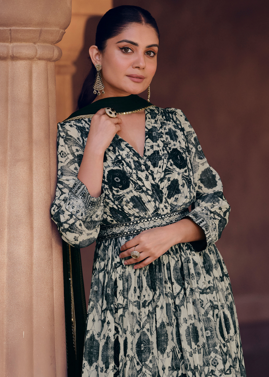 White & Black Floral Printed Georgette Anarkali Suit with Embroidery work