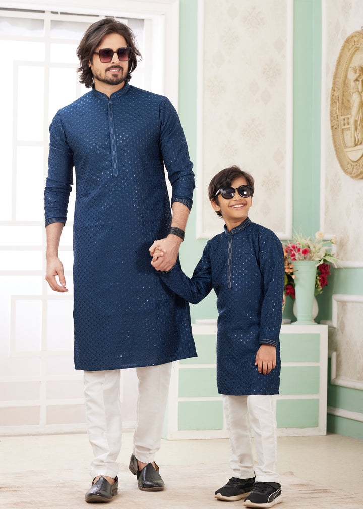 Teal Blue Silk Mens Kurta Set With Thread Embroidery Work