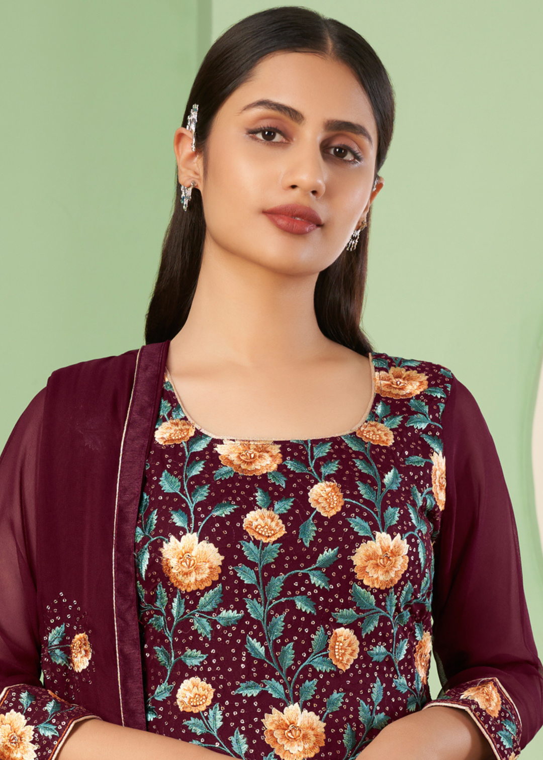 Currant Red Georgette Salwar Suit with Multi Colour Thread Embroidery & Sequence work