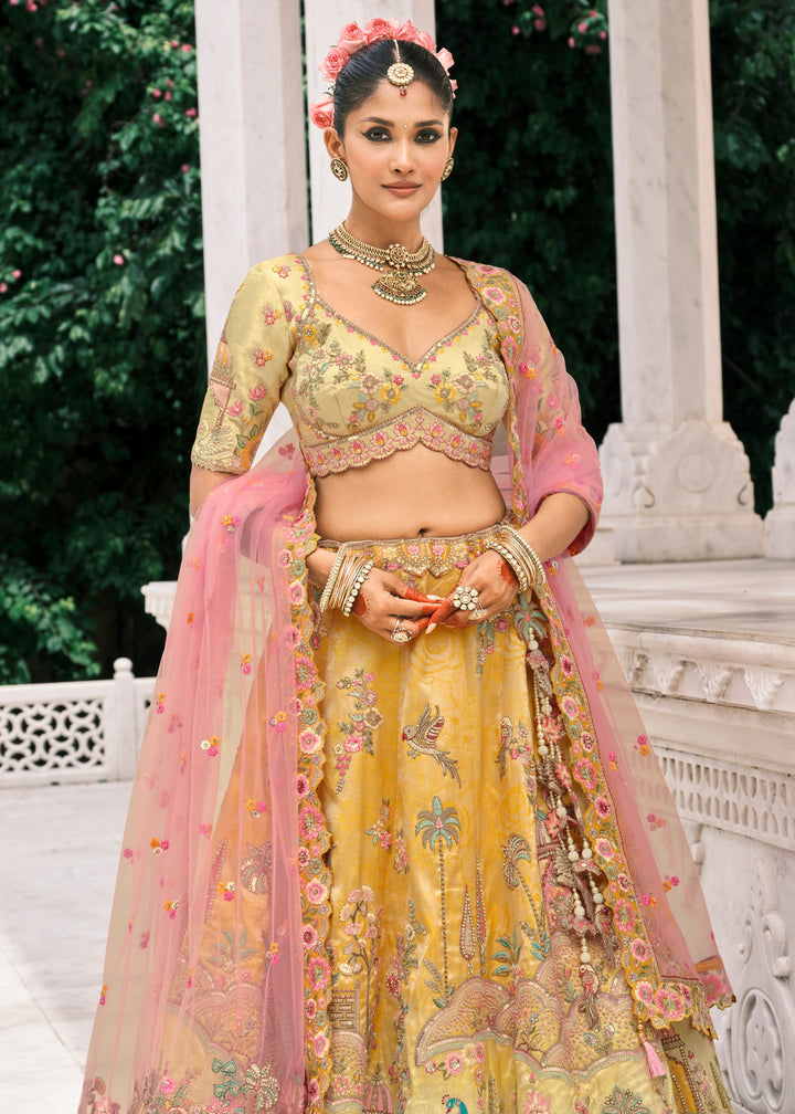 Corn Yellow Fancy Silk Lehenga Choli With Cut Work Embroidery Border & Stone Work