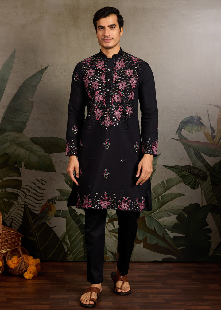 Deep Black Mens Wear Silk Kurta with Pant